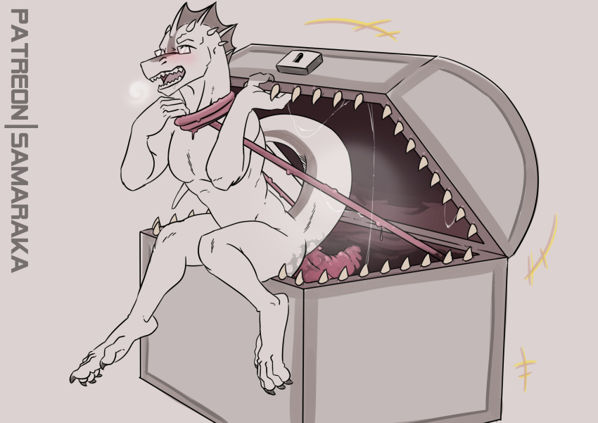 ambiguous_gender anal animate_inanimate anthro blush bodily_fluids drooling duo forced hi_res kobold mimic mimic_chest monster nude open_mouth oral penetration rape reptile rimming saliva saliva_string samaraka scalie sex simple_background teeth tentacles tongue tongue_out