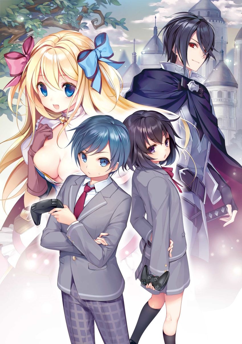 2boys 2girls :d absurdres arm_behind_back back-to-back bangs black_hair black_legwear blazer blonde_hair blue_bow blue_eyes bow bowtie branch breasts brown_gloves cleavage controller cover_image dual_persona fading feet_out_of_frame gloves grey_jacket grey_skirt hair_bow hand_on_own_arm hand_on_own_chest highres holding holding_controller jacket kneehighs kneepits light_particles long_hair long_sleeves looking_at_viewer looking_back medium_breasts mg_kurino multiple_boys multiple_girls novel_illustration official_art open_mouth purple_eyes red_bow red_neckwear school_uniform seishun_lovecome_ni_game_over_wa_arienai short_hair skirt smile standing two_side_up