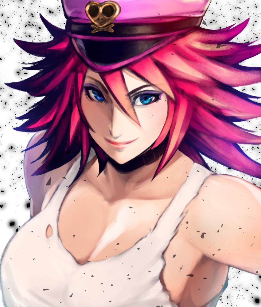 1girl bare_shoulders black_choker blue_eyes breasts chienon choker cleavage closed_mouth collarbone eyeshadow final_fight hair_between_eyes hat highres lips looking_at_viewer makeup peaked_cap pink_hair pink_headwear pink_lips poison_(final_fight) purple_eyeshadow shirt short_hair smile solo street_fighter street_fighter_v tank_top torn_clothes torn_shirt upper_body white_background white_shirt