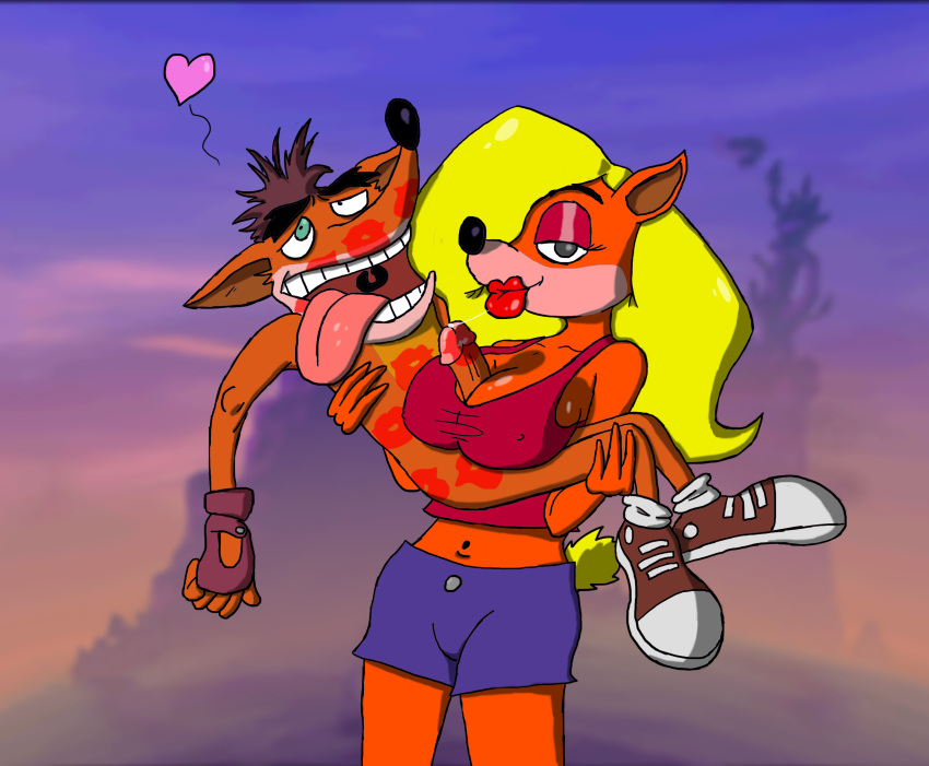 activision anthro breasts crash_bandicoot crash_bandicoot_(series) duo female hi_res implied_oral kiss_mark kissing kissyguy_(artist) lifting lips lipstick lipstick_on_penis makeup male male/female penis_kissing sex size_difference tawna_bandicoot thick_lips titfuck under_clothing video_games