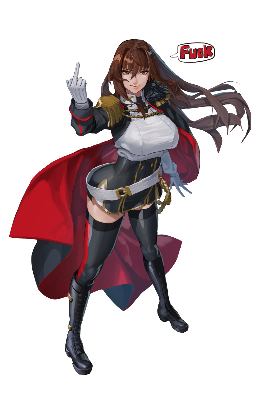 1girl absurdres aiguillette bangs black_cape black_legwear boots breasts cape dress english_text epaulettes full_body gloves hair_between_eyes highres large_breasts last_origin long_hair middle_finger military military_uniform profanity red_cape red_hair royal_arsenal short_dress simple_background smile thighhighs two-tone_cape uniform uronte white_background white_gloves