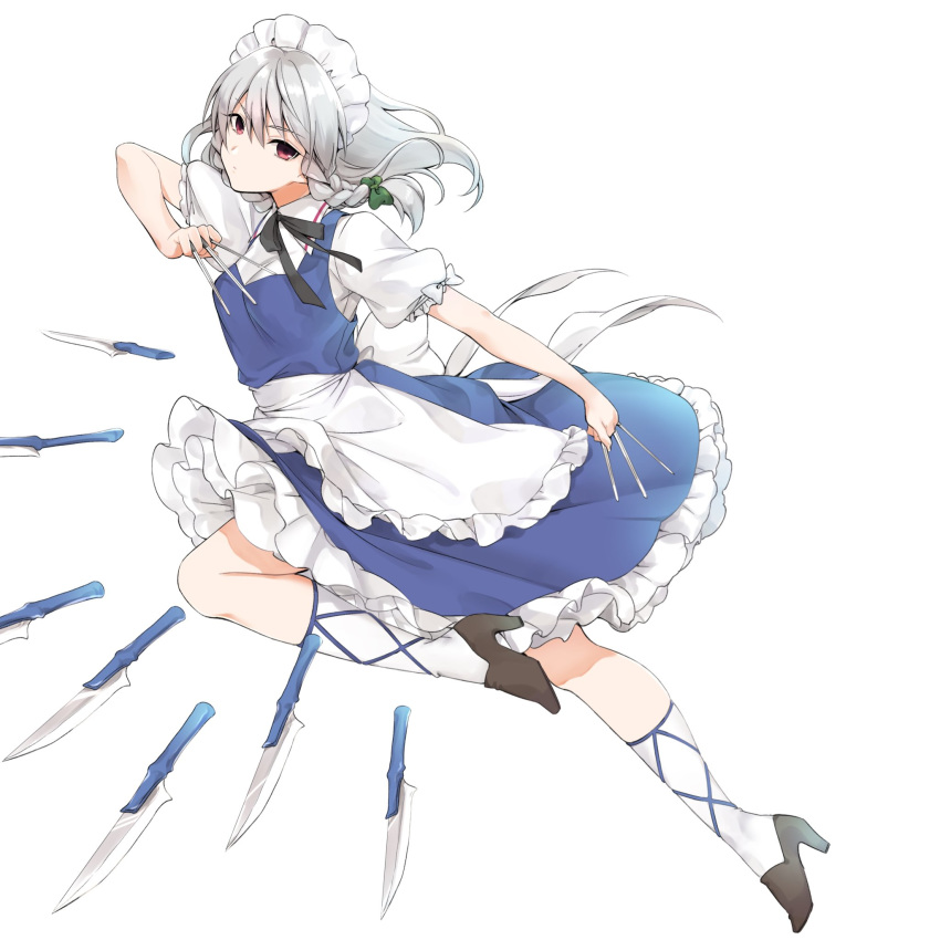 1girl apron bangs between_fingers black_footwear black_neckwear blue_dress boots bow braid closed_mouth collared_dress dress eyebrows_visible_through_hair frilled_dress frilled_sleeves frills green_bow hair_bow high_heel_boots high_heels highres holding holding_knife izayoi_sakuya jumping knife komekueyo leaning_forward leg_up looking_at_viewer maid maid_apron maid_headdress medium_hair neck_ribbon red_eyes ribbon short_sleeves silver_hair simple_background socks solo throwing touhou twin_braids waist_apron white_background white_legwear