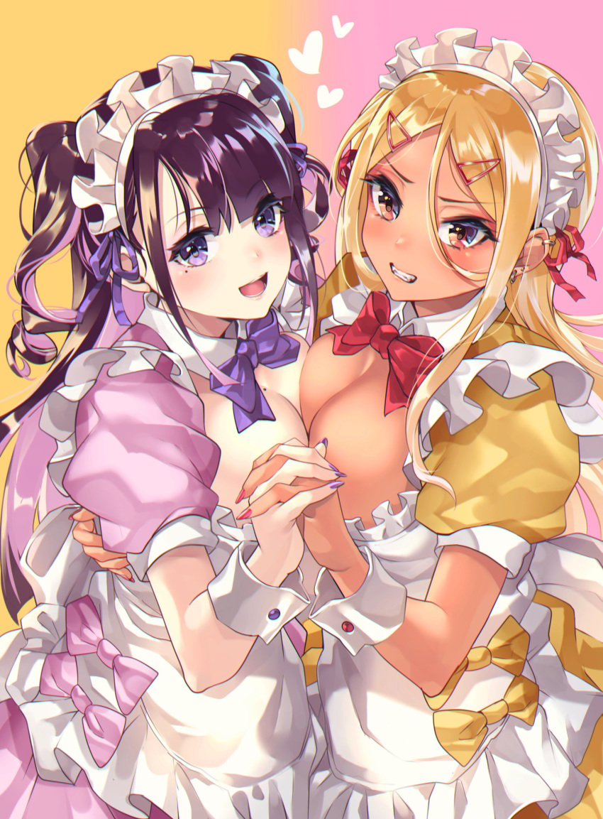 2girls absurdres alternate_costume apron black_hair blonde_hair blue_eyes blue_neckwear bow bowtie breast_press breasts cleavage commentary_request earrings enmaided eyebrows_visible_through_hair fake_nails frilled_hairband frills gyaru hair_between_eyes hairband headdress heart highres himekawa_(shashaki) jewelry large_breasts long_hair looking_at_viewer maid maid_apron maid_headdress mole mole_on_breast mole_under_eye multiple_girls original puffy_short_sleeves puffy_sleeves red_eyes red_neckwear shashaki shinjou_(shashaki) short_sleeves sidelocks simple_background smile symmetrical_docking symmetrical_hand_pose twintails wrist_cuffs