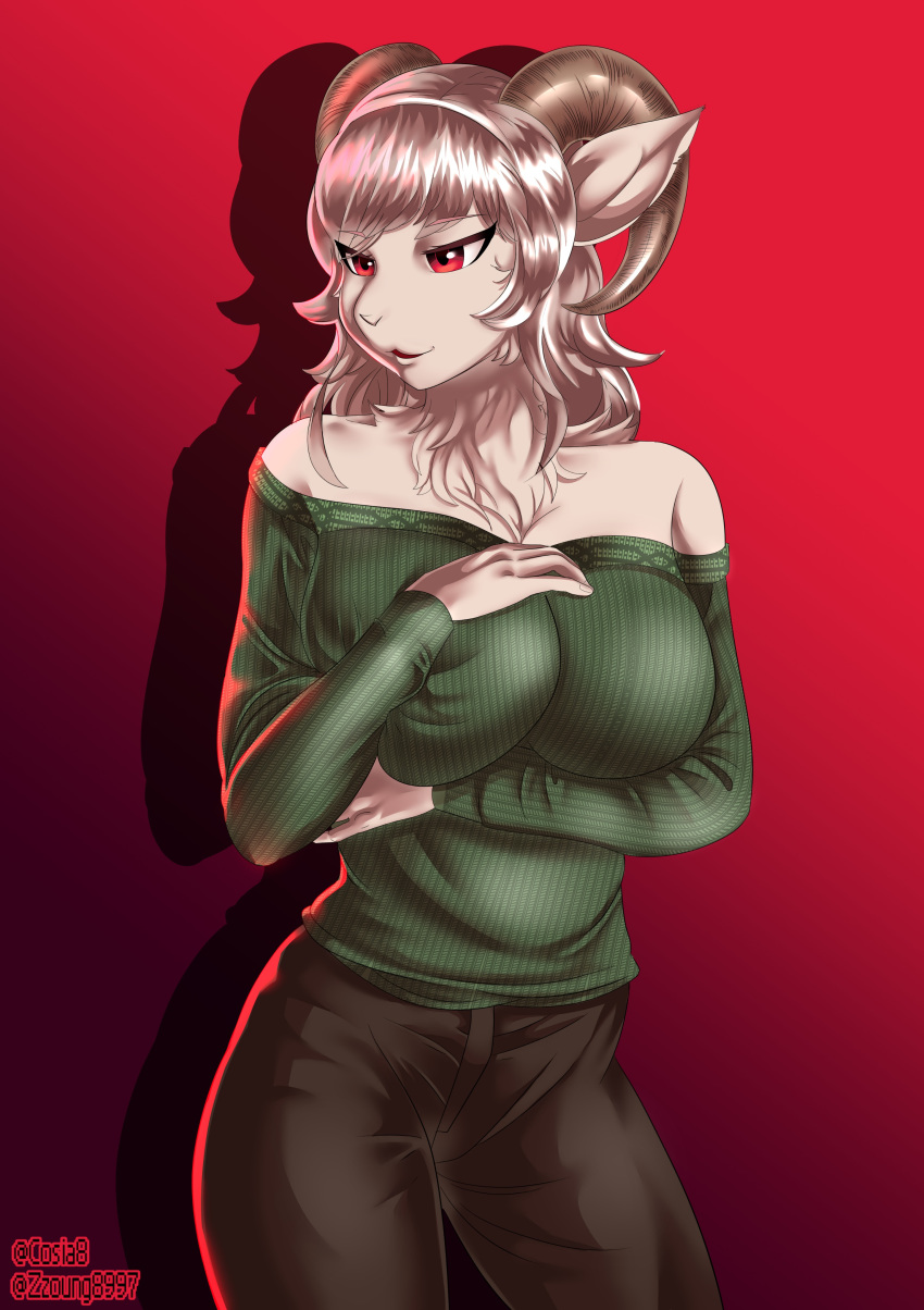 2020 absurd_res anthro bottomwear bovid breasts brown_bottomwear brown_clothing brown_pants caprine clothed clothing cosia female fully_clothed goat green_clothing green_sweater green_topwear hair hi_res horn mammal pants red_background red_eyes simple_background solo standing sweater topwear