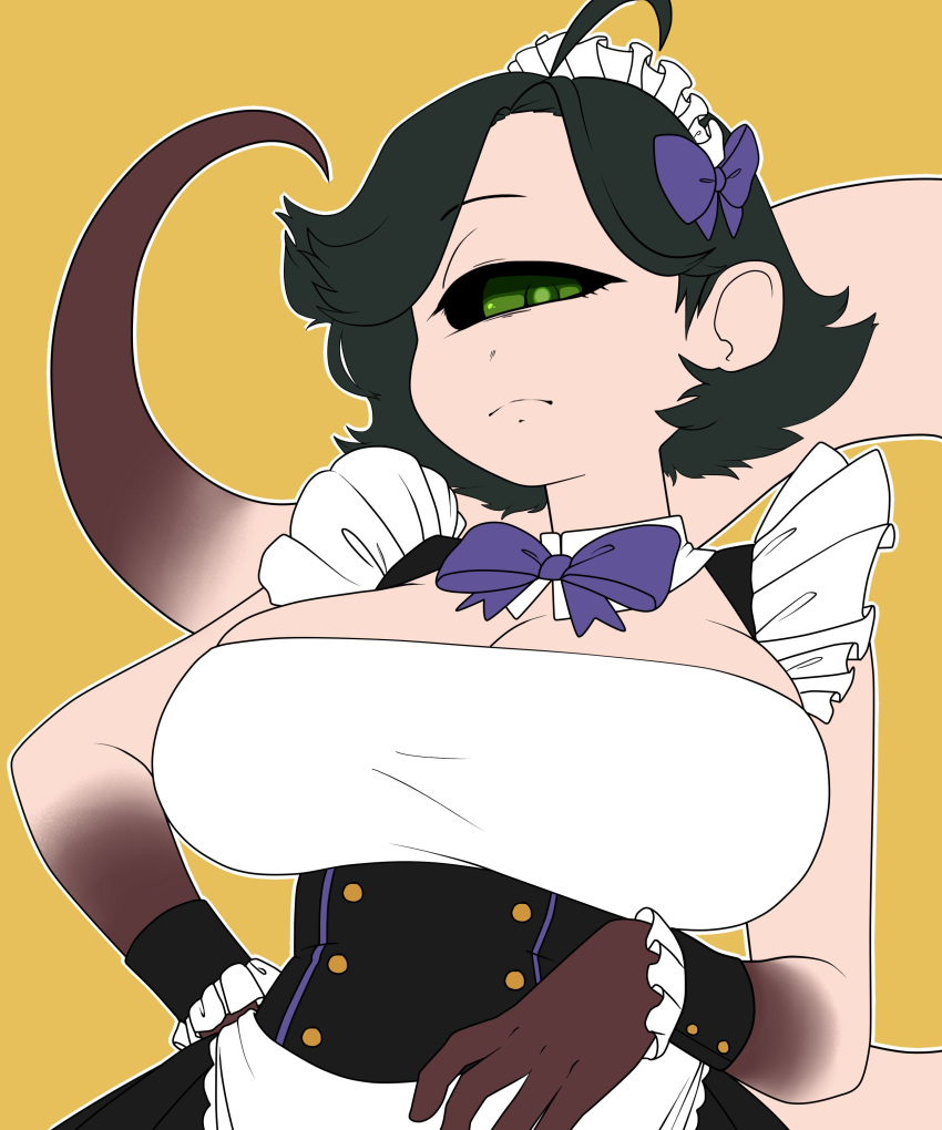 1_eye 2020 absurd_res accessory ahoge big_breasts big_tail black_body black_clothing black_hair black_skin bow_tie breasts cleavage clothed clothing collar cyclops dipstick_tail female front_view frown gloves_(marking) green_eyes hair hair_accessory hair_bow hair_ribbon half-closed_eyes half-length_portrait hand_on_hip headdress hi_res long_tail longtailclops madu_(anaid) maid_uniform mammal markings memerie monster_girl_(genre) multicolored_clothing multicolored_tail narrowed_eyes noseless orange_background portrait ribbons short_hair simple_background solo tailclops_(species) tan_body tan_skin unamused uniform white_clothing white_outline wrist_cuff