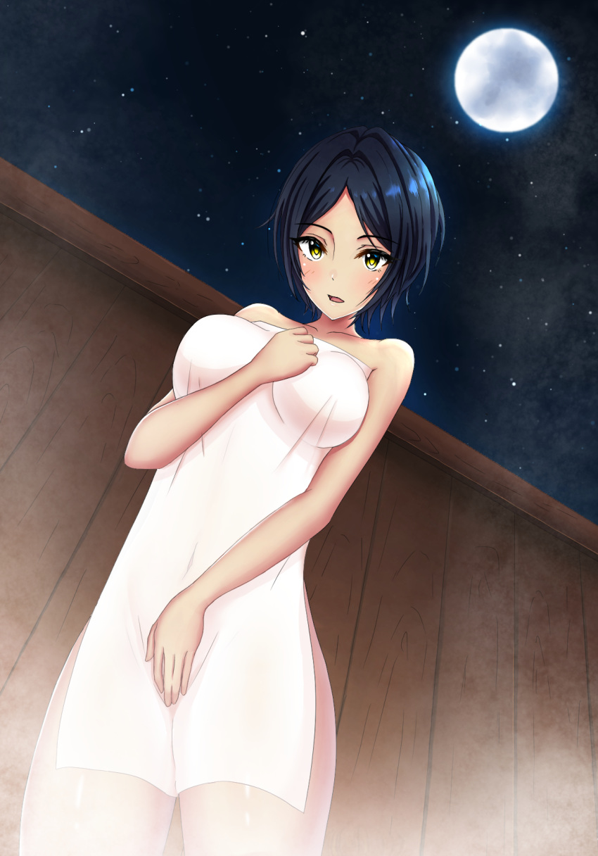 1girl :0 bangs bare_arms bare_shoulders blue_hair blush breasts collarbone fence ff-aerith-lightning-tifa1021 hand_on_own_chest hayami_kanade highres idolmaster idolmaster_cinderella_girls idolmaster_cinderella_girls_starlight_stage looking_at_viewer medium_breasts moon naked_towel night night_sky onsen open_mouth outdoors parted_bangs short_hair sky star_(sky) starry_sky steam thighs towel yellow_eyes