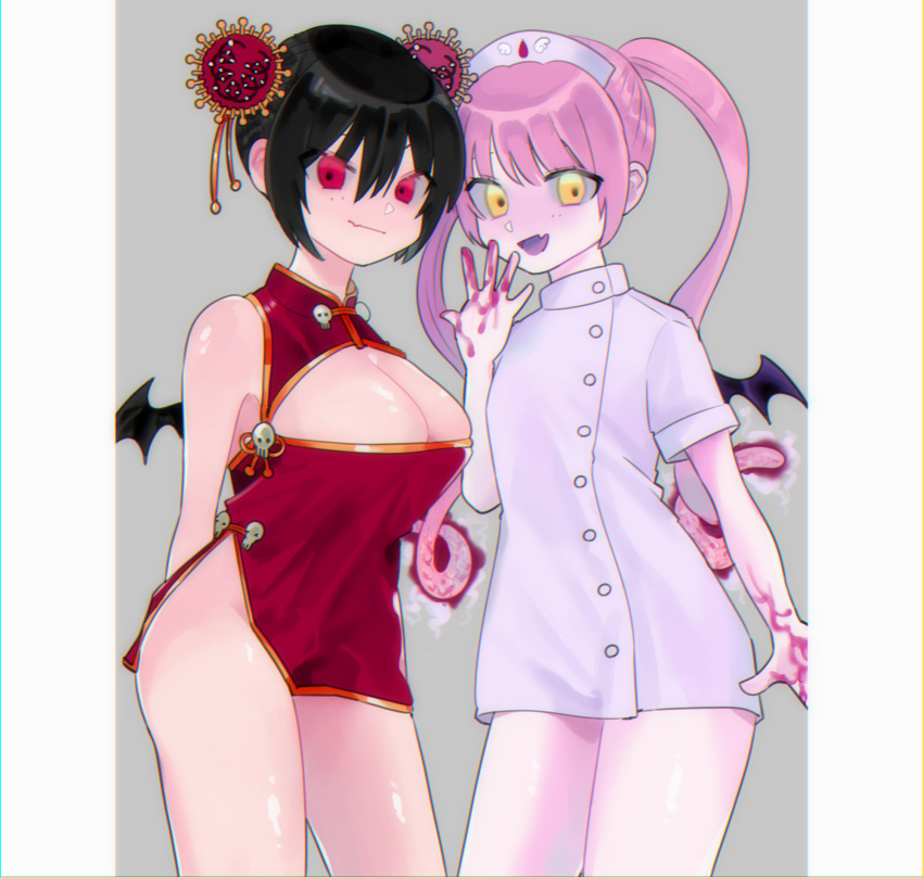 bat_wings black_hair breasts china_dress chinese_clothes cleavage_cutout corona-chan coronavirus double_bun dress ebola-chan ebolavirus fang fang_out hair_ornament hat highres nurse_cap original p_p_p99 personification pink_hair red_eyes skin_fang skull_hair_ornament tentacles virus wings yellow_eyes