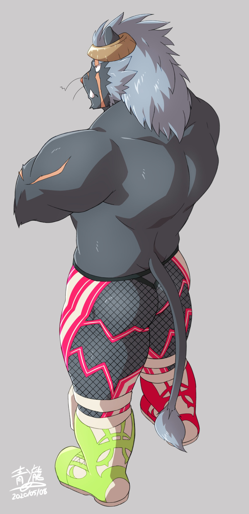 2020 absurd_res anthro back_muscles big_muscles black_body black_fur blue_hair boots brown_horn butt clothed clothing crossed_arms demon fishnet fishnet_legwear footwear fur hair hi_res horn krampus_(housamo) legwear male muscular muscular_male red_nose scar simple_background solo standing subaru_aotk tokyo_afterschool_summoners topless video_games whiskers