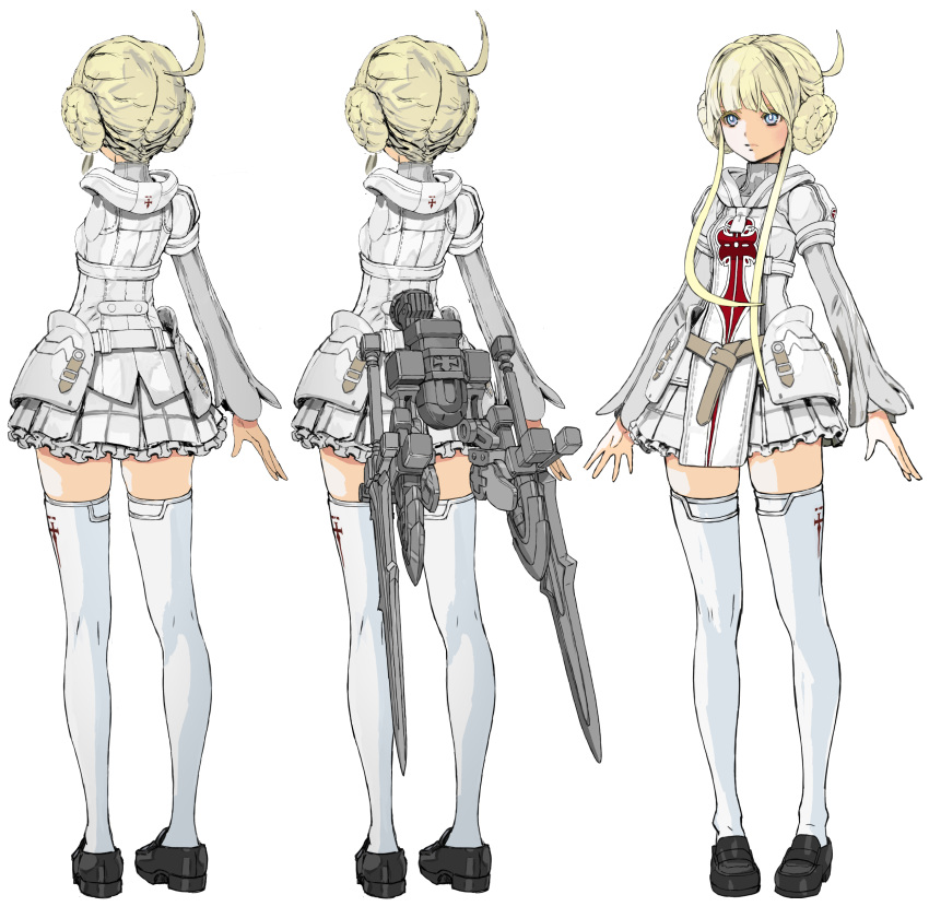 1girl absurdres ahoge belt black_footwear blonde_hair character_sheet highres hip_armor hood hood_down hoodie loafers long_hair long_sleeves miniskirt original pleated_skirt rigging shoes skirt standing tabard thighhighs white_legwear white_skirt yasuda_akira zettai_ryouiki