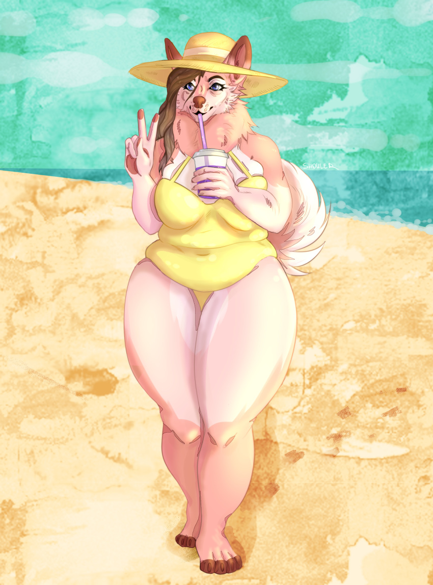 absurd_res anthro barefoot beach belly beverage big_breasts breasts brown_hair brown_nose bubble_tea canid canine canis charlotte_genevieve_(scaredygoat) clothed clothing curvaceous curvy_figure digital_media_(artwork) domestic_dog ears_through_headwear female fluffy fluffy_tail fur hair hat headgear headwear hi_res mammal neck_tuft nonexistent_thigh_gap nordic_sled_dog one-piece_swimsuit outside overweight painting_(artwork) paws peace_sign_(disambiguation) pink_body pink_fur samoyed sand sea seaside shore shoreline shouler_shurka sipping sky slightly_chubby smile solo spitz straw sun_hat swimwear thick_thighs toes traditional_media_(artwork) tuft voluptuous water watercolor_(artwork) wide_hips yellow_clothing yellow_swimwear young_adult