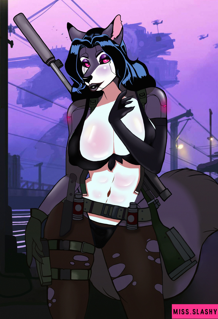 2020 absurd_res anthro breasts canid canine canis domestic_dog female feral fur gun hi_res lips looking_at_viewer mammal metal_gear_solid_v miss_slashy ranged_weapon rifle sniper_rifle solo thick_thighs video_games weapon wolf