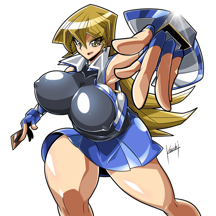 blonde_hair blue_skirt bouncing_breasts breasts card covered_nipples dynamic_pose eyebrows_visible_through_hair fingerless_gloves gloves highres huge_breasts kouichi_(kouichi-129) long_hair skirt tenjouin_asuka yellow_eyes yuu-gi-ou yuu-gi-ou_gx