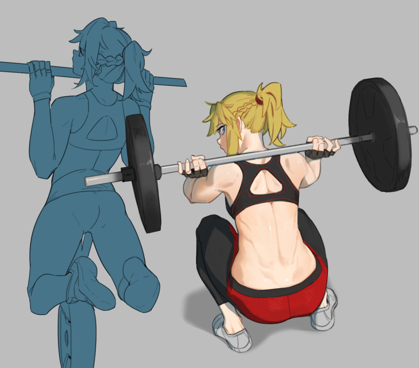 1girl alternate_costume black_sports_bra braid english_commentary exercise fate/apocrypha fate_(series) french_braid grey_background hirundo_rustica horizontal_bar looking_at_viewer mordred_(fate) mordred_(fate)_(all) multiple_views shoes sneakers sports_bra squatting weightlifting