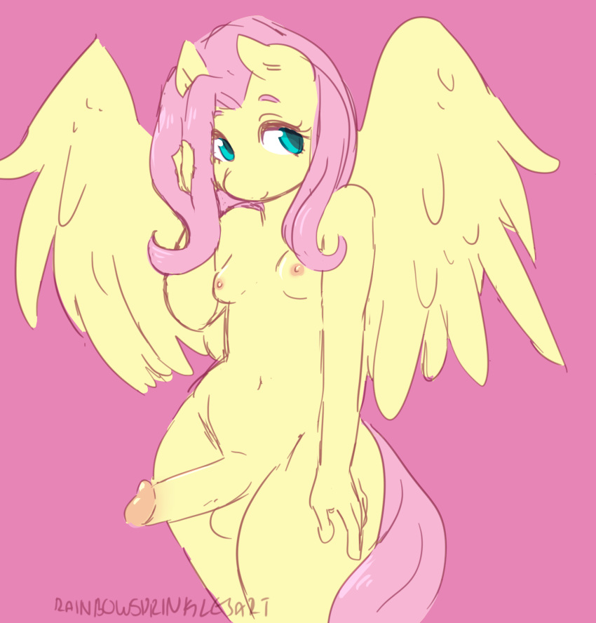 anthro anthrofied balls big_penis blue_eyes breasts crossgender equid equine erection feathered_wings feathers fluttershy_(mlp) friendship_is_magic ftg_crossgender fti_crossgender genitals glans gynomorph hair hand_on_face hand_on_thigh hi_res humanoid_genitalia humanoid_penis intersex mammal my_little_pony nipples pegasus penis pink_background pink_hair portrait rainbowsprinklesart simple_background small_breasts solo spread_wings thick_thighs three-quarter_portrait wide_hips wings yellow_body yellow_feathers