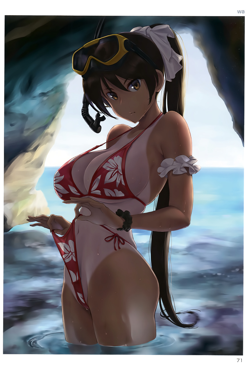 1girl absurdres arm_garter artist_name bangs bare_shoulders bikini bikini_lift black_scrunchie breasts brown_eyes brown_hair cleavage closed_mouth diving_mask diving_mask_on_head floral_print hair_ribbon high_ponytail highres large_breasts lifted_by_self long_hair looking_at_viewer navel ocean one-piece_tan page_number ponytail ribbon scan scrunchie side-tie_bikini snorkel solo stomach strap_gap swimsuit tan tanline tight toranoana very_long_hair wa_(genryusui) wading water wrist_scrunchie