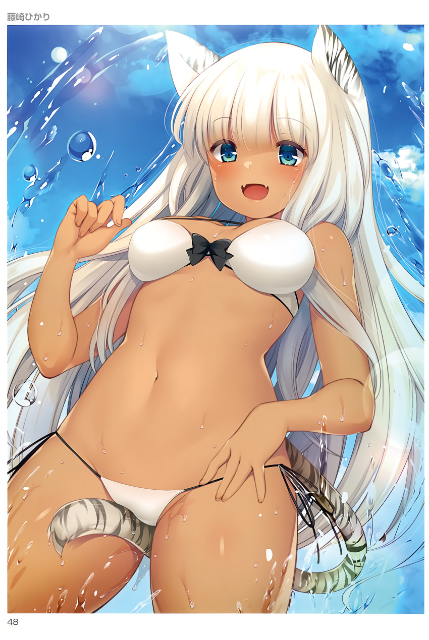 1girl :d absurdres animal_ears artist_name between_legs bikini blue_eyes breasts cowboy_shot dark_skin day dutch_angle eyebrows_visible_through_hair fangs fujisaki_hikari highres lens_flare long_hair medium_breasts navel open_mouth outdoors page_number scan side-tie_bikini sidelocks skin_fangs smile solo splashing strap_gap swimsuit tail tail_between_legs tiger_ears tiger_tail toranoana water white_bikini white_hair