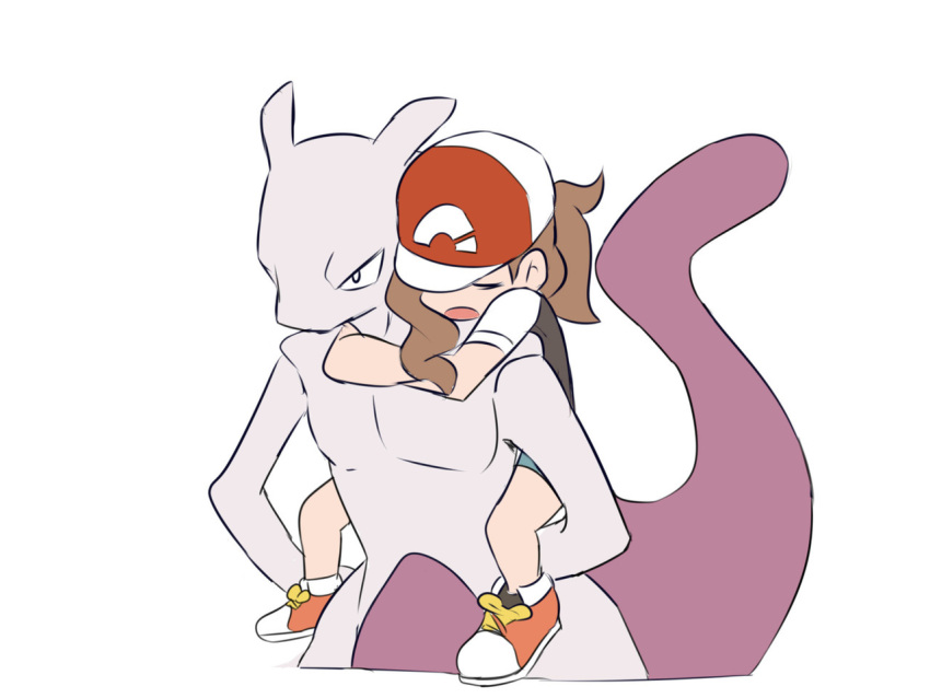 1girl ayumi_(pokemon) baseball_cap brown_hair carrying closed_eyes commentary creature english_commentary gen_1_pokemon hat legendary_pokemon long_hair mewtwo pokemon pokemon_(creature) pokemon_(game) pokemon_lgpe ponytail shoes simple_background sleeping white_background