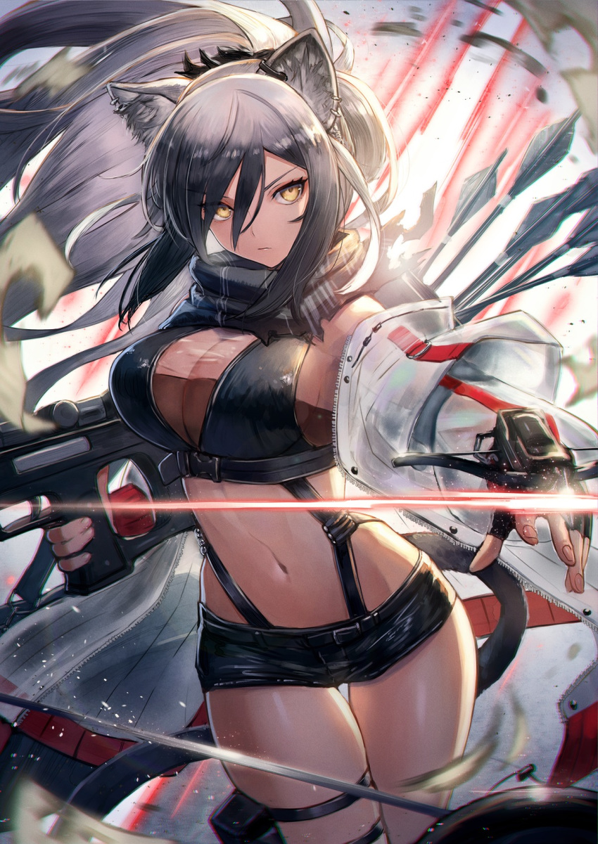 1girl animal_ears arknights arrow_(projectile) bare_shoulders black_shirt black_shorts bow_(weapon) breasts cat_ears cat_girl cat_tail cleavage cowboy_shot crop_top crossbow grey_hair hair_between_eyes highres holding jacket kuroi_susumu large_breasts long_hair looking_at_viewer micro_shorts midriff navel off_shoulder open_clothes open_jacket ponytail schwarz_(arknights) shirt shorts sleeveless sleeveless_shirt solo stomach tail thigh_strap thighs weapon yellow_eyes