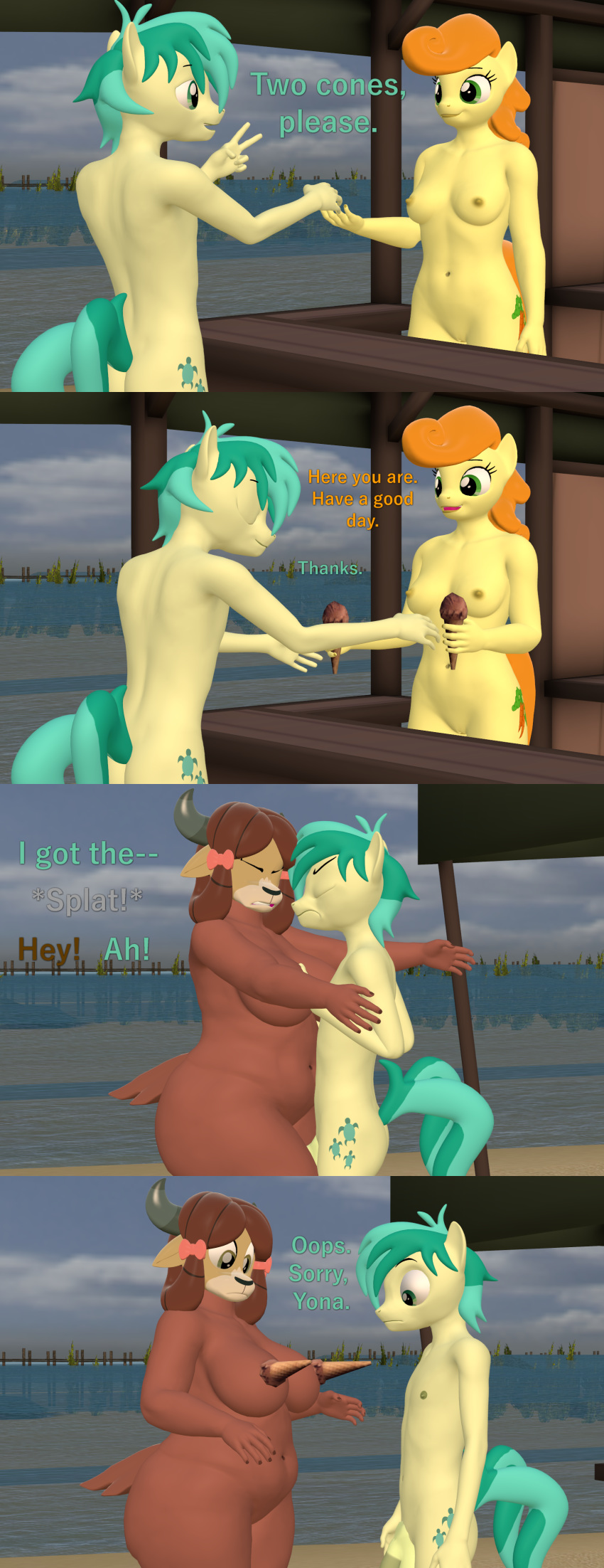 3d_(artwork) absurd_res anthro beach big_breasts bovid bovine breasts carrot_top_(mlp) casual_nudity comic dessert dialogue digital_media_(artwork) equid equine female flaccid food friendship_is_magic genitals hi_res horse ice_cream male mammal my_little_pony nude papadragon69 penis pony pussy sandbar_(mlp) seaside slightly_chubby thick_thighs yak yona_yak