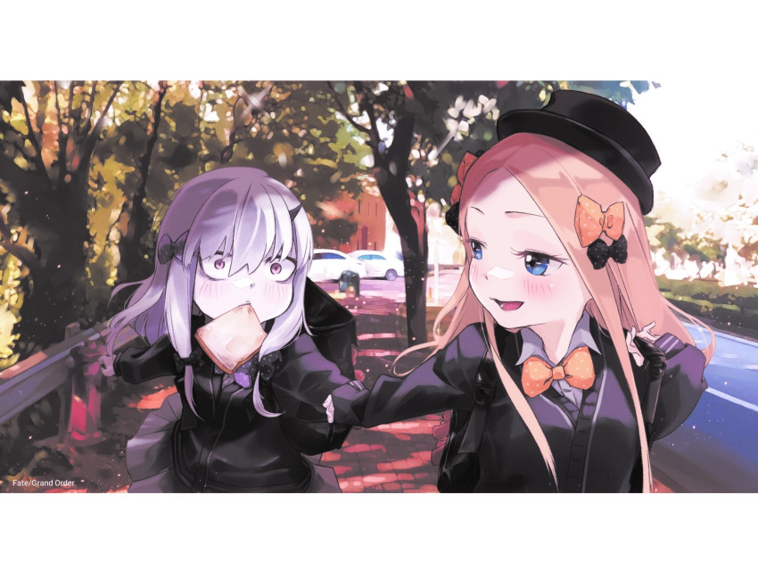 2girls abigail_williams_(fate/grand_order) artist_request backpack bag bangs blonde_hair blue_eyes blush bow bowtie bread car fate/grand_order fate_(series) food ground_vehicle hair_ornament hair_ribbon hat highres holding_hands horn lavinia_whateley_(fate/grand_order) morning motor_vehicle multiple_girls parted_bangs polka_dot_ribbon purple_eyes randoseru ribbon school_uniform sidewalk top_hat tree