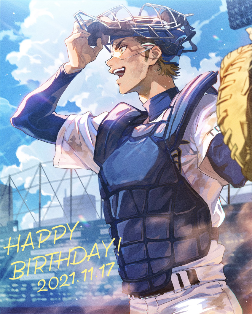 1boy ace_of_diamond baseball_helmet baseball_jersey baseball_mitt baseball_uniform belt black_belt brown_eyes brown_hair chest_protector cloud dated day happy_birthday helmet highres looking_away male_focus miyuki_kazuya open_mouth outdoors pants sato_(sato_1_11) short_hair sideburns sky smile solo sportswear sweat visor white_pants