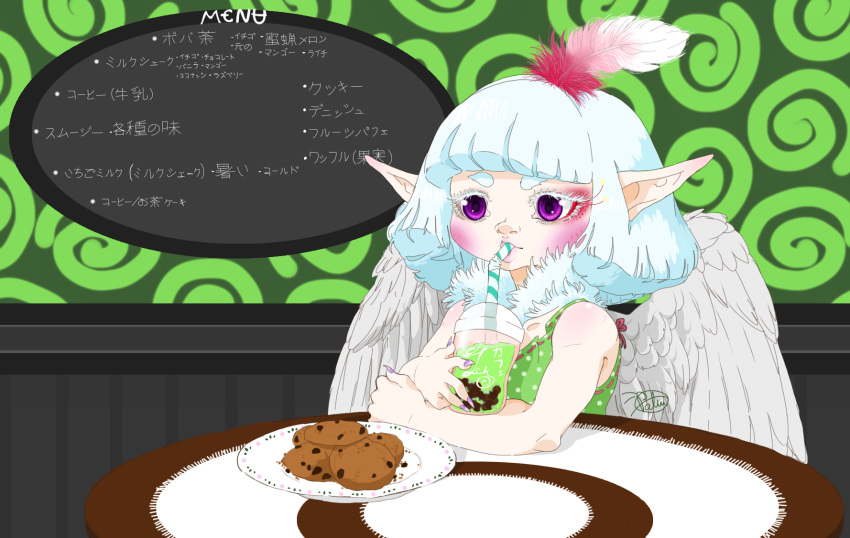 ambiguous_gender angel bare_shoulders beverage blush body_blush bubble_tea cafe chocolate_chips claws clothing elf english_text eye_markings feathered_wings feathers food furniture gigiolliwilli glistening glistening_hair green_background hair hi_res humanoid humanoid_pointy_ears japanese_text layered_hair long_ears male markings menu neck_tuft not_furry original_character_do_not_steal pale_skin pattern_clothing pattern_topwear plate purple_eyes simple_background solo spots spotted_clothing spotted_topwear straw sweets swirls table tablecloth tapioca_balls text topwear tuft white_eyelashes wings