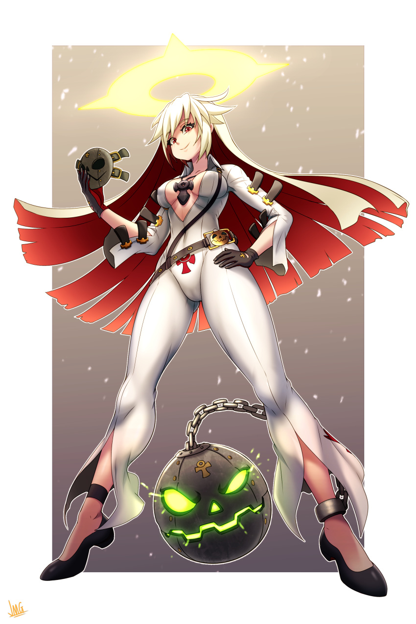 1girl absurdres ankh ball_and_chain_restraint bellbottoms belt bodysuit border breasts cameltoe commission covered_nipples from_below full_body gloves glowing glowing_eyes glowing_mouth guilty_gear guilty_gear_xrd halo hand_on_hip highres holding holding_mask impossible_bodysuit impossible_clothes jack-o'_valentine jewelry jmg long_hair loose_belt mask medium_breasts multicolored multicolored_clothes multicolored_gloves multicolored_hair necklace outside_border pendant platinum_blonde_hair red_eyes red_hair signature smile solo studded_belt two-tone_hair very_long_hair white_bodysuit
