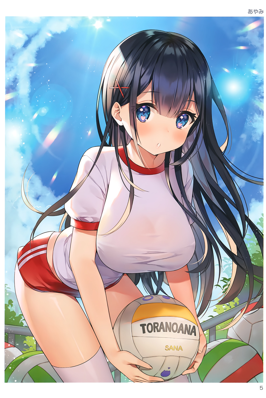 1girl absurdres artist_name ayamy ball bangs bent_over black_hair blue_eyes blue_sky blush breasts buruma cloud cloudy_sky day eyebrows_visible_through_hair gym_uniform hair_ornament highres holding large_breasts lens_flare long_hair looking_at_viewer miyawaki_sana outdoors page_number parted_lips scan shiny shiny_hair shiny_skin short_sleeves sky solo sunlight thighhighs toranoana volleyball white_legwear x_hair_ornament