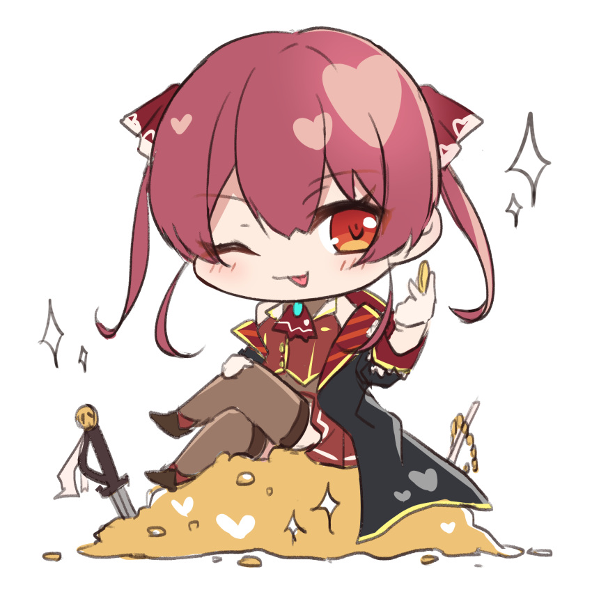 1girl ;p blush chibi coat crossed_legs eyebrows_visible_through_hair gold hair_between_eyes heart highres holding holding_coin hololive houshou_marine megmilk-uk one_eye_closed pleated_skirt red_eyes red_hair red_neckwear sitting sketch skirt solo sword thighhighs tongue tongue_out treasure twintails weapon