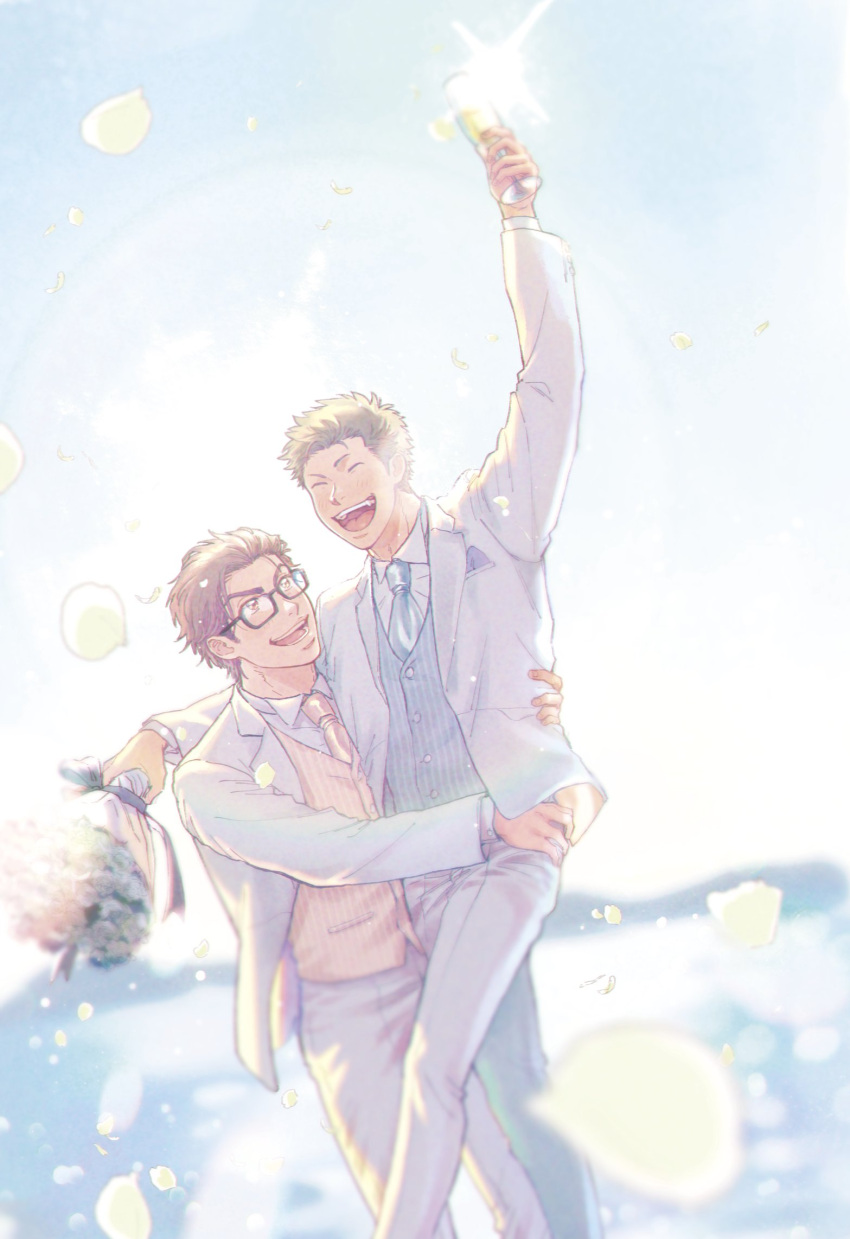 2boys ace_of_diamond blue_vest blush bouquet brown_eyes brown_hair carrying carrying_person chan_aet closed_eyes couple cup cupping_glass dark_green_hair day drinking_glass falling_petals flower formal glasses hand_up highres holding holding_bouquet holding_cup husband_and_husband jacket kuramochi_youichi light_rays looking_at_another male_focus miyuki_kazuya multiple_boys necktie open_clothes open_jacket open_mouth outdoors pants petals short_hair sideburns smile suit vest wedding white_jacket white_pants white_suit wine_glass yaoi yellow_vest