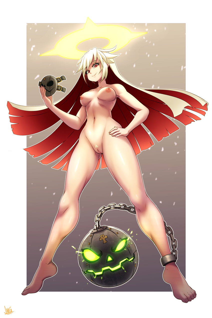 1girl absurdres ankh ball_and_chain_restraint border breasts commission from_below full_body glowing glowing_eyes glowing_mouth guilty_gear guilty_gear_xrd halo hand_on_hip highres holding holding_mask jack-o'_valentine jmg long_hair mask medium_breasts multicolored_hair nipples nude outside_border platinum_blonde_hair pubic_hair pussy red_eyes red_hair shiny shiny_skin signature smile solo two-tone_hair very_long_hair