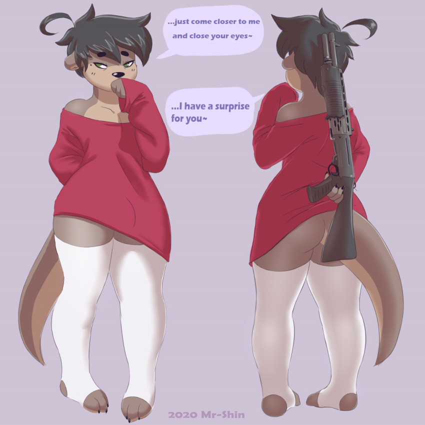 1:1 anthro black_nose butt clothing english_text front_view gun hair hi_res holding_gun holding_object holding_weapon legwear letterbox lutrine mammal monotone_clothing monotone_legwear mr-shin mustelid ranged_weapon rear_view red_clothing shin_(mr-shin) solo speech_bubble text weapon white_clothing white_legwear