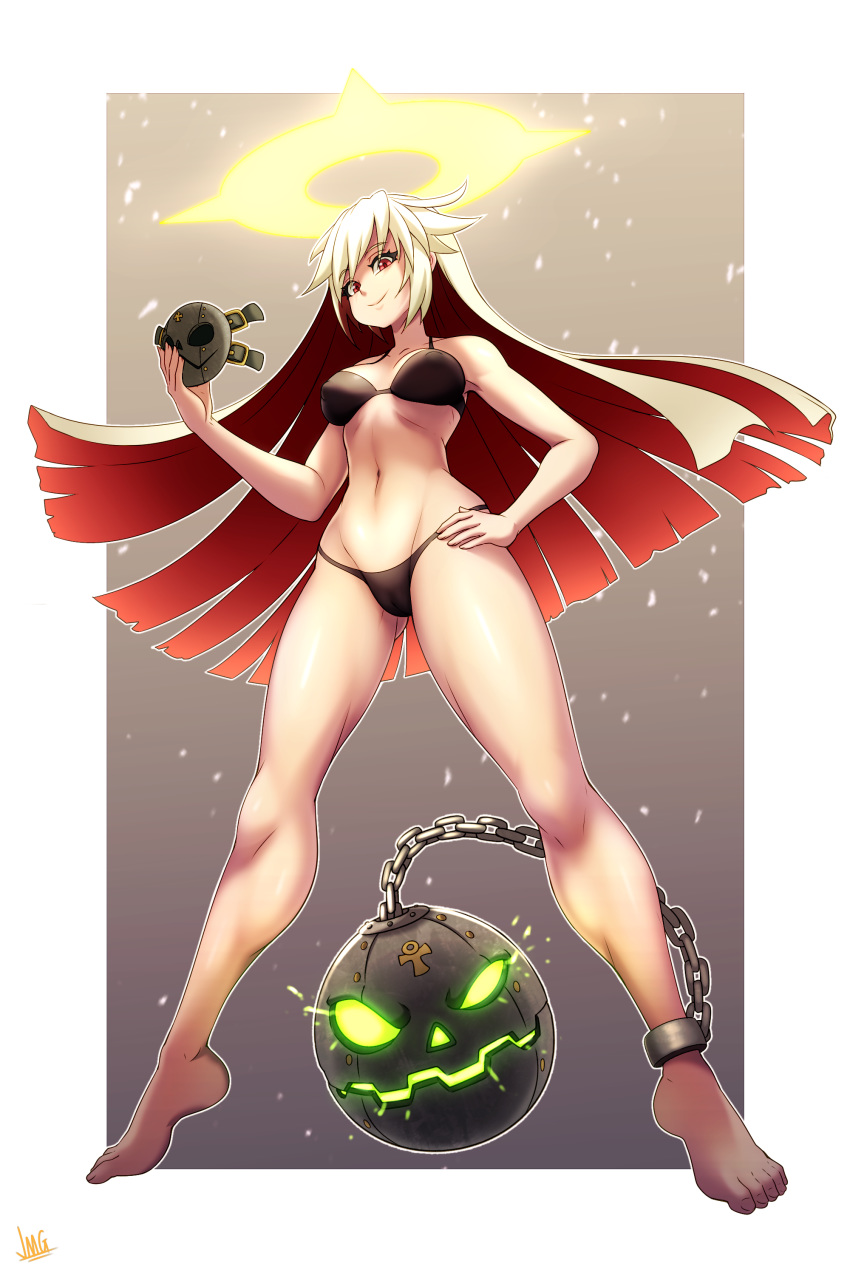 1girl absurdres ankh ball_and_chain_restraint bikini black_bikini border breasts commission covered_nipples from_below full_body glowing glowing_eyes glowing_mouth guilty_gear guilty_gear_xrd halo hand_on_hip highres holding holding_mask jack-o'_valentine jmg long_hair mask medium_breasts multicolored_hair outside_border platinum_blonde_hair red_eyes red_hair shiny shiny_skin signature smile solo swimsuit two-tone_hair very_long_hair