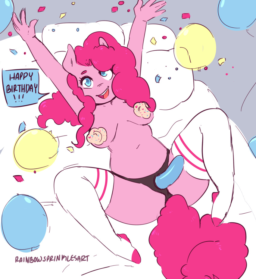 absurd_res anthro anthrofied balloon bed bird's-eye_view birthday blue_eyes breasts clothing dialogue dildo earth_pony english_text equid equine female food food_fetish food_on_breasts food_play friendship_is_magic furniture hair happy happy_birthday hi_res high-angle_view horse legwear lying mammal my_little_pony on_back on_bed open_mouth pink_body pink_hair pinkie_pie_(mlp) pony rainbowsprinklesart sex_toy socks solo spread_legs spreading strapon text thigh_highs thigh_socks