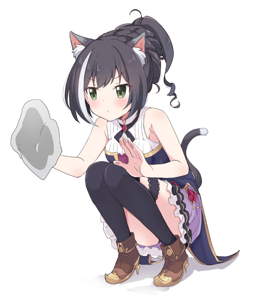 1girl against_glass animal_ear_fluff animal_ears bangs bare_arms bare_shoulders black_hair black_legwear black_panties blush boots breasts brown_footwear cat_ears cat_girl cat_tail closed_mouth eyebrows_visible_through_hair frilled_skirt frills full_body green_eyes high_heel_boots high_heels highres itamochi karyl_(princess_connect!) knees_together_feet_apart knees_up medium_breasts multicolored_hair no_detached_sleeves panties ponytail princess_connect! princess_connect!_re:dive purple_skirt shadow shirt skirt sleeveless sleeveless_shirt solo squatting streaked_hair tail thighhighs thighhighs_under_boots underwear v-shaped_eyebrows white_background white_hair white_shirt