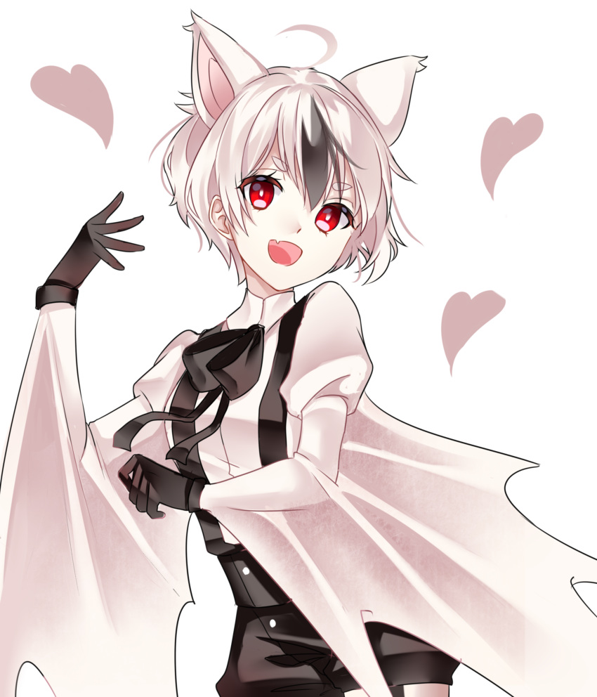 1girl :d absurdres ahoge animal_ears bat_ears bat_girl bat_wings black_bow black_gloves black_hair bow bowtie bright_pupils commission english_commentary fang gloves hand_up heart highres multicolored_hair open_mouth original puffy_sleeves red_eyes short_eyebrows short_hair simple_background skin_fang smile solo streaked_hair two-tone_hair white_background white_hair white_pupils wings yaya_chan