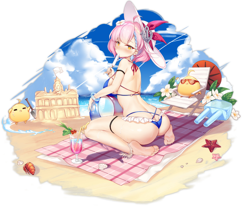 1girl ahoge ass azur_lane ball bare_shoulders barefoot beach beach_mat beachball bikini bird blue_bikini braid breasts chick cloud cup day drinking_glass drinking_straw flower food frilled_bikini frills from_behind hair_flower hair_ornament hat hecha_(swy1996228) holding large_breasts looking_at_viewer looking_back manjuu_(azur_lane) multi-strapped_bikini official_art pink_hair popsicle sand_castle sand_sculpture seiza short_hair sitting solo starfish sun_hat sunglasses swimsuit tartu_(azur_lane) tartu_(overthinking_summer)_(azur_lane) transparent_background tropical_drink water white_headwear yellow_eyes