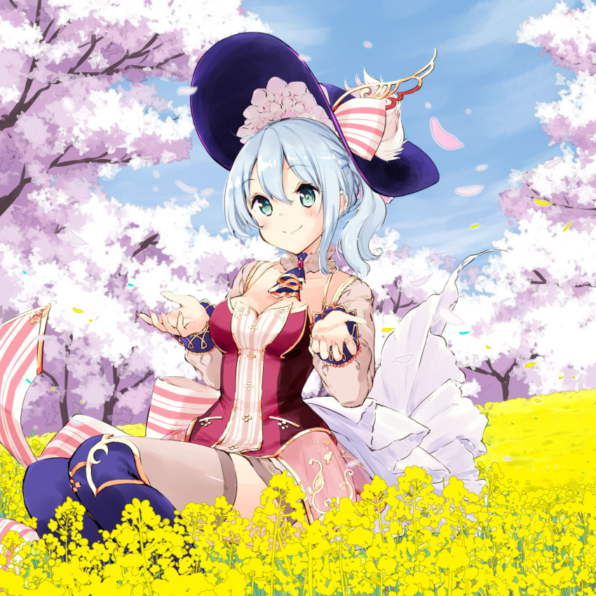 1girl aqua_eyes atelier_(series) blue_hair blush breasts cherry_blossoms closed_mouth commentary_request day detached_collar eyebrows_visible_through_hair field flower flower_field hair_between_eyes hat highres medium_breasts minidraco nelke_to_densetsu_no_renkinjutsushi_tachi nelke_von_luchetam outdoors petals shirt sitting skirt smile solo thighhighs tree