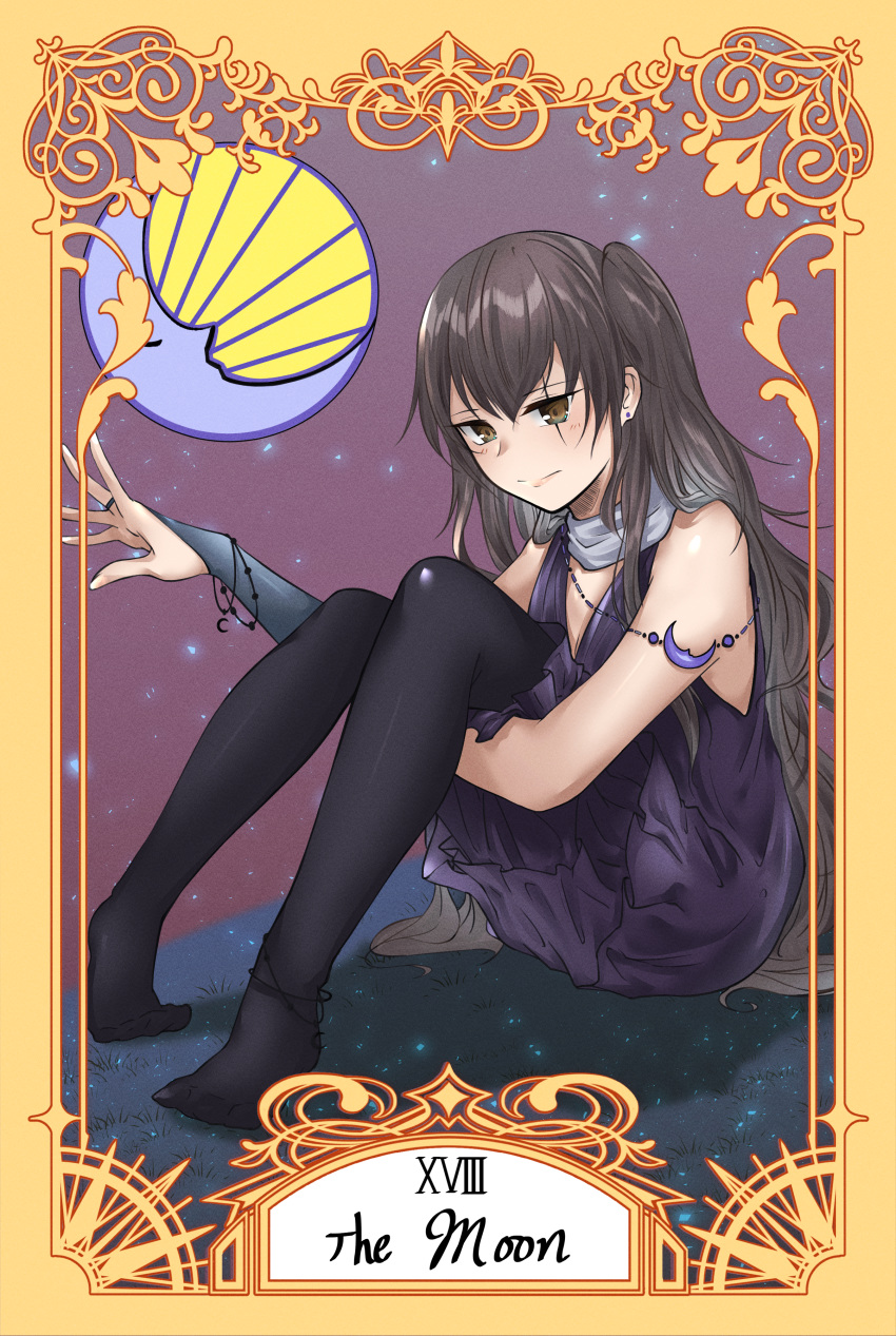 1girl absurdres black_legwear brown_eyes brown_hair dress earrings english_text girls_frontline hair_ornament highres huge_filesize jewelry long_hair looking_at_viewer moon night night_sky no_shoes pantyhose purple_dress ring roman_numerals scar scar_across_eye scarf simple_background sitting sitting_on_lap sitting_on_person sky solo stigmamyu tarot the_moon thighhighs ump45_(girls_frontline)