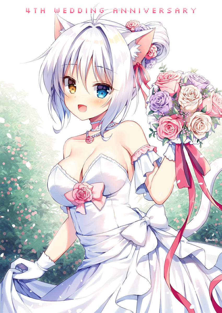1girl :d aina_rive animal_ear_fluff animal_ears anniversary antenna_hair bangs bare_shoulders blue_eyes blush bouquet bow breasts brown_eyes cat_ears cat_girl cat_tail cleavage commentary_request dress eyebrows_visible_through_hair flower gloves hair_between_eyes hair_bun hair_flower hair_intakes hair_ornament heterochromia highres holding holding_bouquet looking_at_viewer mauve medium_breasts open_mouth original pink_flower pink_rose purple_flower purple_rose rose sidelocks silver_hair smile solo strapless strapless_dress tail tail_raised white_bow white_dress white_gloves