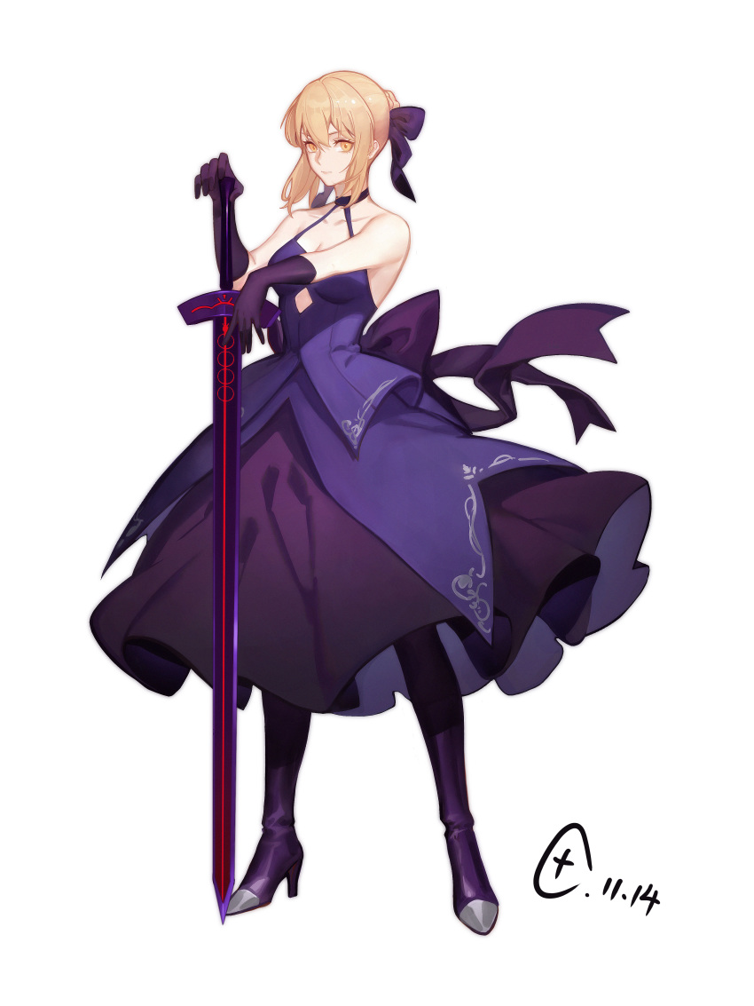 1girl absurdres artoria_pendragon_(all) blonde_hair boots bow breasts choker cleavage closed_mouth collarbone dark_excalibur fate/stay_night fate_(series) formal full_body gang_beng_er gloves hair_between_eyes hair_bow hand_on_hilt high_heel_boots high_heels highres long_skirt medium_breasts purple_bow purple_footwear purple_gloves purple_skirt saber_alter shiny shiny_hair short_hair simple_background skirt skirt_suit sleeveless solo standing suit white_background yellow_eyes
