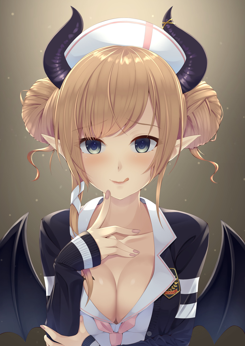 1girl :q bangs blonde_hair blue_eyes blush breasts cardigan cleavage closed_mouth collarbone commentary_request demon_horns demon_wings double_bun emblem eyebrows_visible_through_hair finger_to_cheek gradient gradient_background hair_ribbon hat highres hololive horns large_breasts looking_at_viewer nurse_cap open_cardigan open_clothes pointy_ears ribbon shaketarako smile solo swept_bangs tongue tongue_out tress_ribbon upper_body virtual_youtuber white_ribbon wings yuzuki_choco