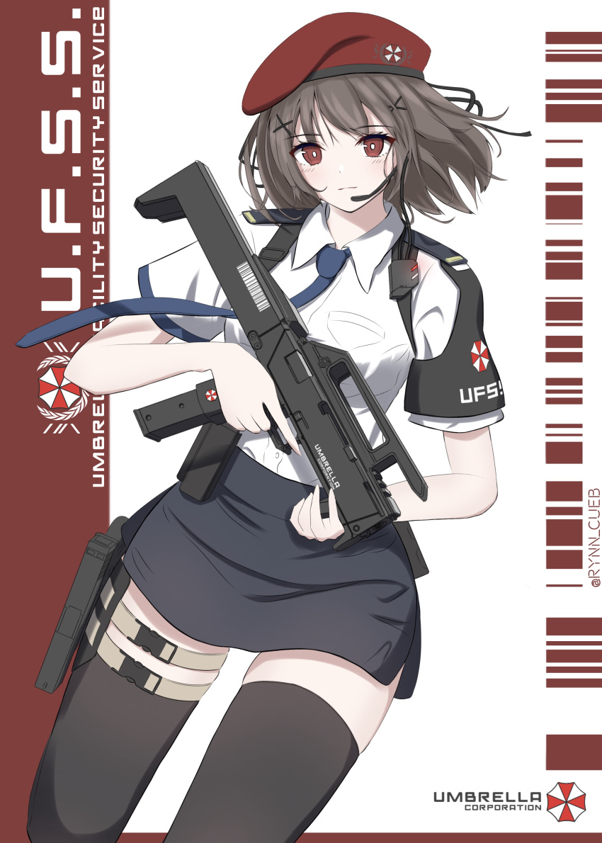 1girl absurdres beret black_legwear blue_skirt brown_hair gun hand_on_weapon handgun hat highres looking_at_viewer magpul_fmg-9 military necktie original patch pistol radio red_eyes resident_evil rynn_(user_rkgs8583) security_guard shirt short_hair simple_background skirt smile solo speech_bubble strap submachine_gun thighhighs umbrella uniform weapon white_shirt