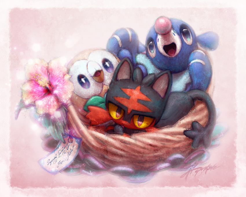 :d basket bird blue_eyes cat commentary creature english_commentary english_text flower gen_7_pokemon ja-punkster litten looking_at_viewer no_humans open_mouth pink_background pokemon pokemon_(creature) popplio purple_eyes rowlet seal signature simple_background smile yellow_sclera