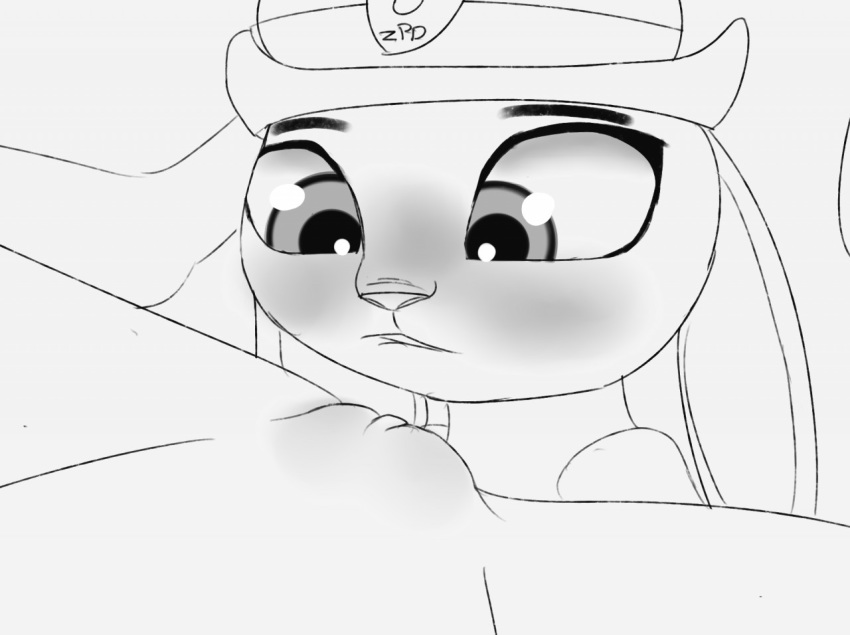 anthro big_eyes bite biting_lip clitoral_hood clothing disney duo female female/female furfe genitals hat headgear headwear humanoid imminent_oral judy_hopps lagomorph leporid looking_at_pussy mammal monochrome pussy rabbit scrunchy_face shy sketch zootopia