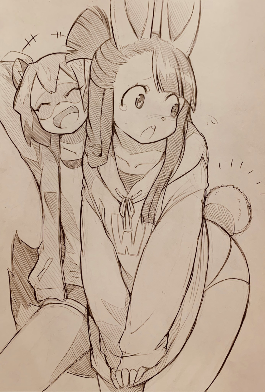 alternate anthro atsuko_kagari blush bodily_fluids brand_new_animal canid canine clothed clothing curemitsuba duo ears_up fangs female hi_res lagomorph laugh leporid little_witch_academia mammal michiru_kagemori rabbit raccoon_dog studio_trigger tanuki tears