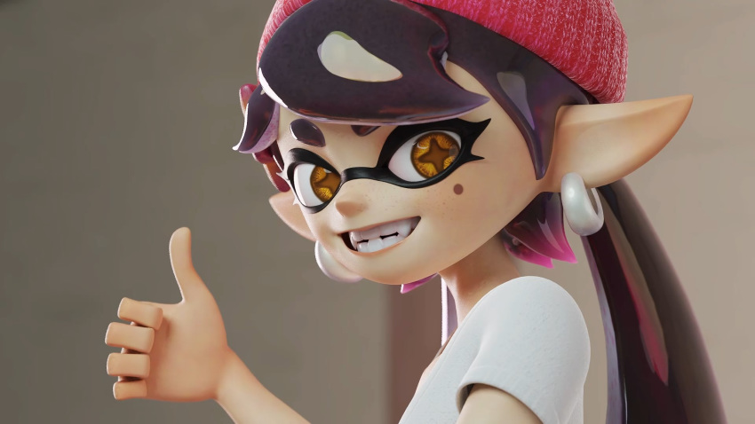 16:9 3d_(artwork) animal_humanoid beanie beauty_mark callie_(splatoon) cephalopod cephalopod_humanoid clothing digital_media_(artwork) ear_piercing ear_ring facial_markings female gesture hat head_markings headgear headwear hi_res humanoid humanoid_pointy_ears inkling looking_at_viewer marine marine_humanoid markings mask_(marking) mollusk mollusk_humanoid nintendo piercing pseudo_hair redmoa smile solo splatoon teeth tentacle_hair tentacles thumbs_up video_games widescreen