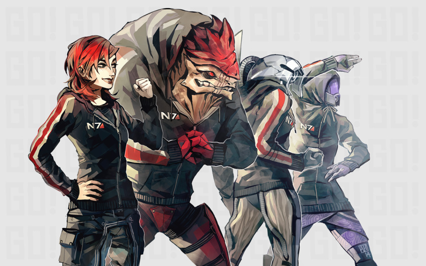 2boys 2girls alien arlmuffin clenched_hands commander_shepard commander_shepard_(female) fighting_stance geth helmet hood hoodie krogan kung_fu legion_(mass_effect) mass_effect mass_effect_2 matching_outfit multiple_boys multiple_girls quarian robot scar tali'zorah urdnot_wrex