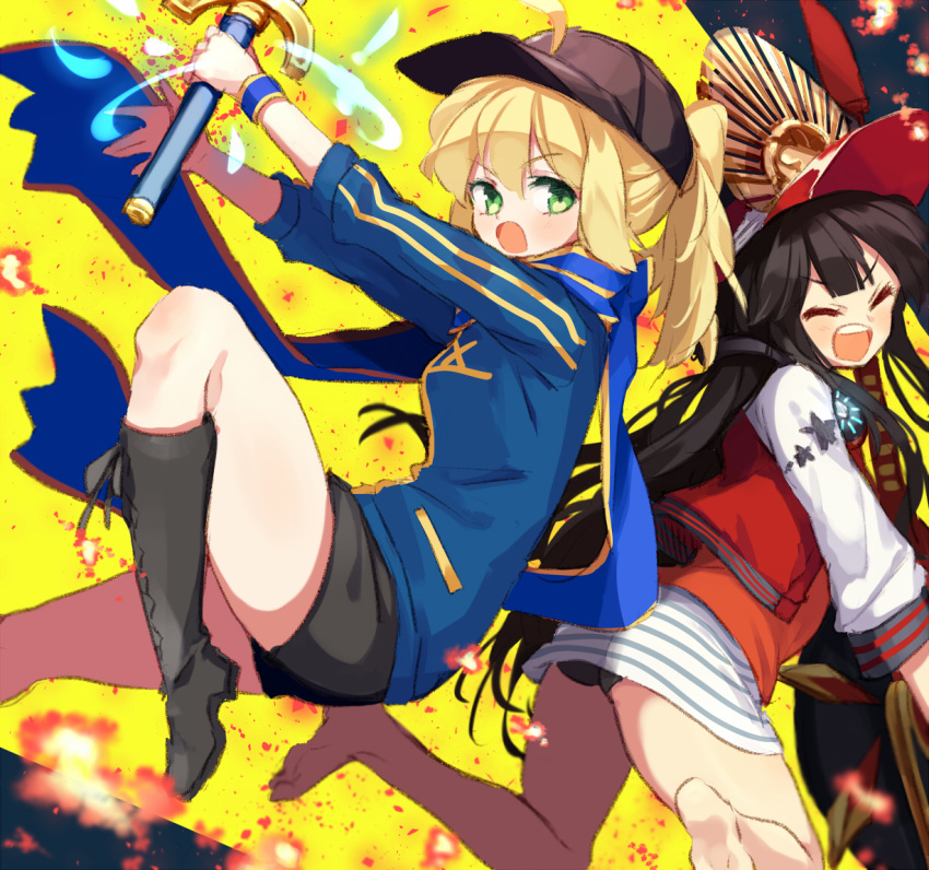 2girls ahoge artoria_pendragon_(all) ass back bangs barefoot baseball_cap black_hair black_headwear black_panties black_shorts blue_jacket blue_scarf blush breasts buster_shirt closed_eyes embers fate/grand_order fate_(series) feet green_eyes guitar hair_through_headwear hat headphones headphones_around_neck himitsucalibur holding holding_sword holding_weapon instrument jacket kodamari legs letterman_jacket long_hair long_sleeves looking_at_viewer medium_breasts miniskirt multiple_girls mysterious_heroine_x oda_nobunaga_(fate)_(all) oda_nobunaga_(swimsuit_berserker)_(fate) open_clothes open_jacket open_mouth oversized_object panties red_shirt rojiura_satsuki:_chapter_heroine_sanctuary scarf shirt shorts skirt small_breasts smile sword toes track_jacket underwear weapon white_skirt yellow_background