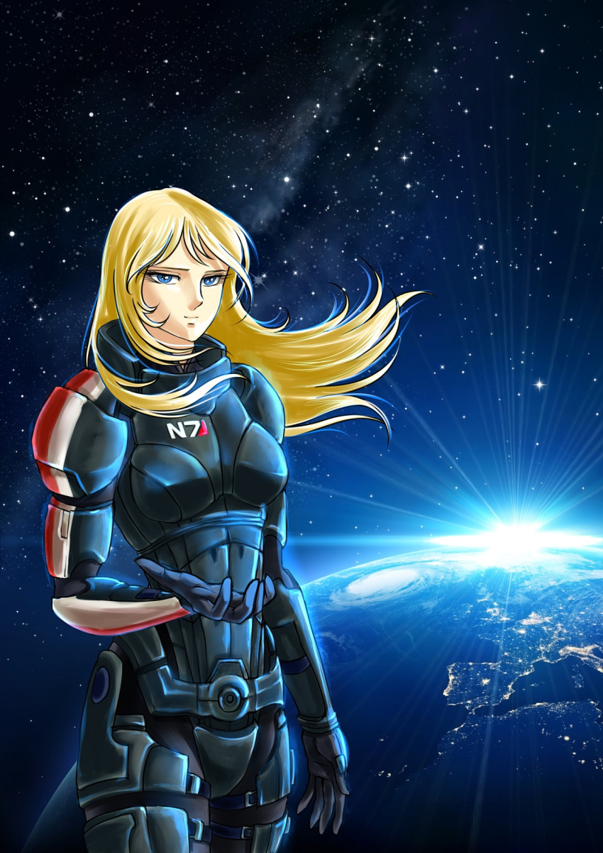 1980s_(style) 1girl armor blonde_hair blue_eyes commander_shepard commander_shepard_(female) floating_hair highres lovepaz_828 mass_effect matsumoto_leiji_(style) n7_armor oldschool open_hand parody planet solo space style_parody